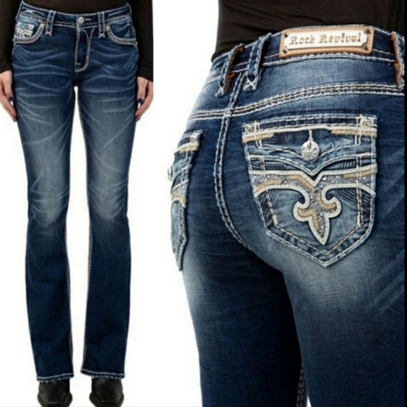 Rock Revival Easy Skinny Chile Blue Jeans Overstitched  Luxury Slip Pocket Chic - Picture 5 of 16